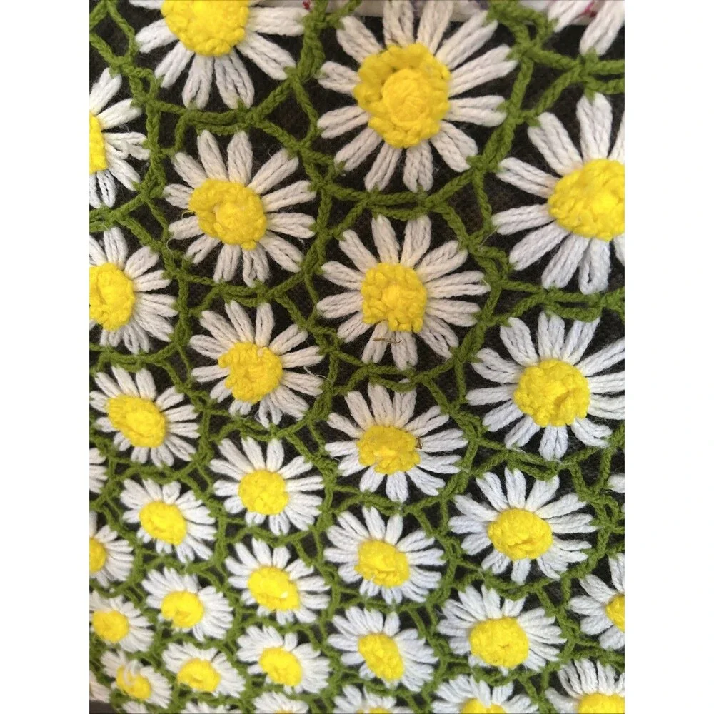 Vintage Handmade 3D Daisy Flowers Crochet Afghan 68” By 43” Cottage Shabby Chic
